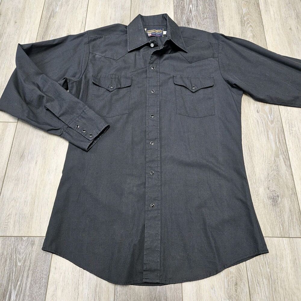 Panhandle Vintage Slim Pearl Snap Black Button Up Shirt Men's 15.5/33 Small